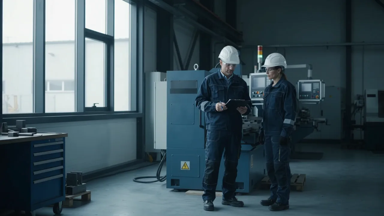 Ilustracyjna scena: konsultanci BHP omawiają bezpieczeństwo pracy przy maszynie w hali przemysłowej.